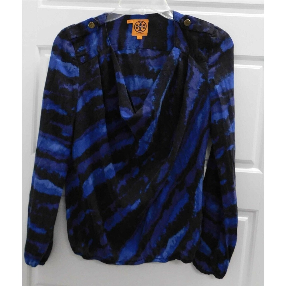 Tory Burch Blue Black Abstract Stripe 100% Silk Blouse sz 0‎